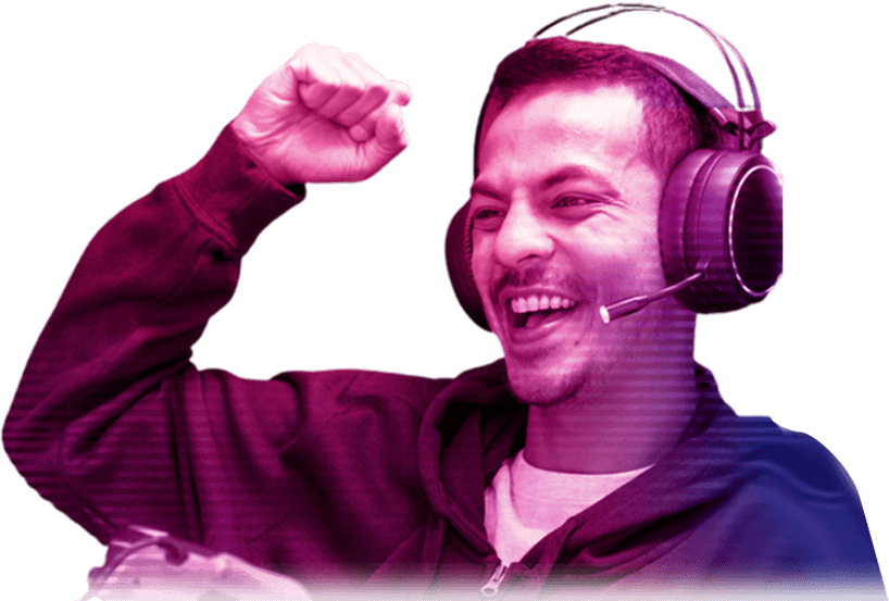 Happy gamer celebrating with a headset and controller, representing how creators can join Keymailer’s network by signing up for a creator account today.