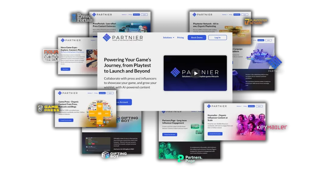 Partnier platform overview showing services like community engagement, playtesting, influencer marketing, press outreach, and advertising campaigns, all in one dashboard.