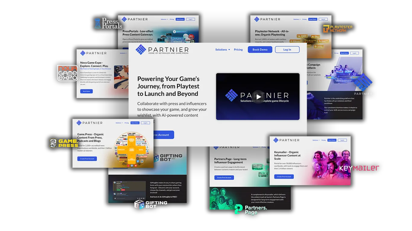 Partnier platform overview showing services like community engagement, playtesting, influencer marketing, press outreach, and advertising campaigns, all in one dashboard.